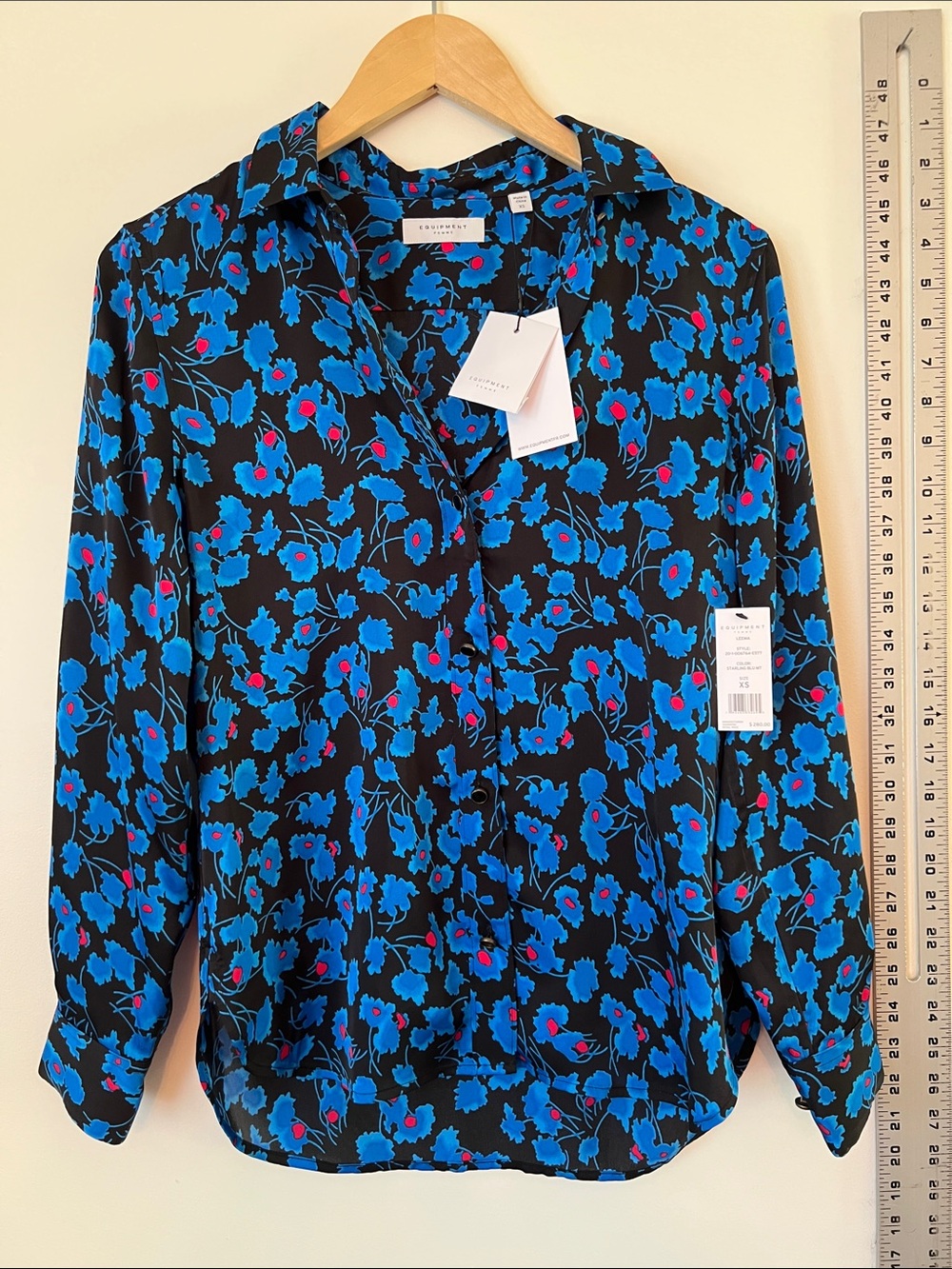Equipment Black Button-Up Blouse with Bright Blue & Pink Floral Print